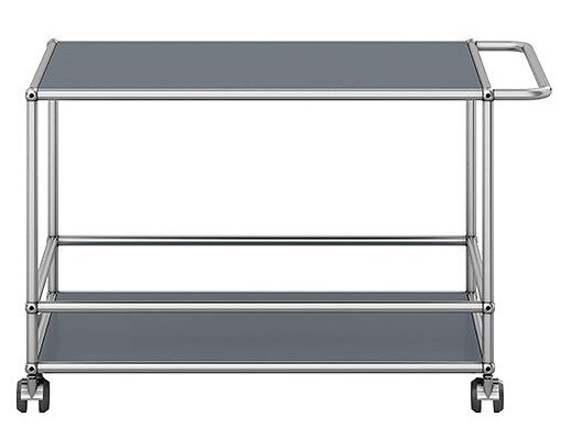 USM Haller Servierwagen in Mittelgrau mit zwei Ablageflächen und Rollen für flexible Nutzung.