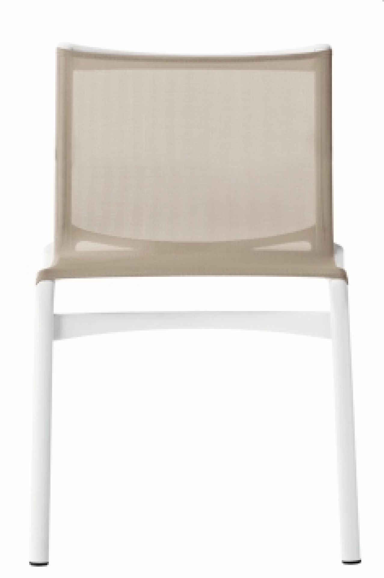 Frame Stuhl mit weißem Gestell und beigem Netzgewebe, moderner Design Stuhl für Esszimmer.