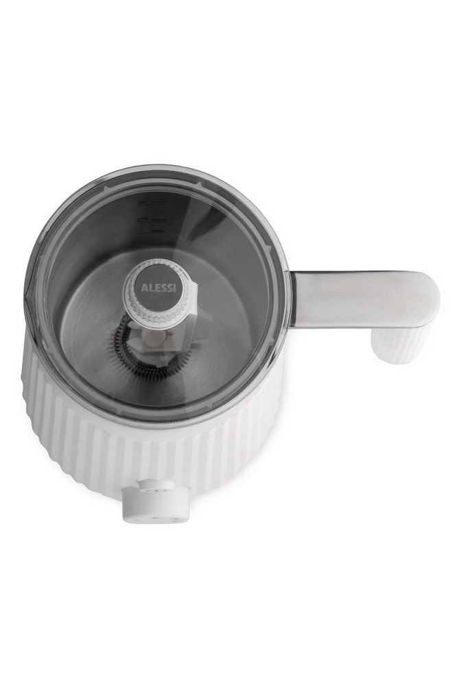 Draufsicht: Weißer Alessi Milchaufschäumer mit Induktion und transparentem Deckel.