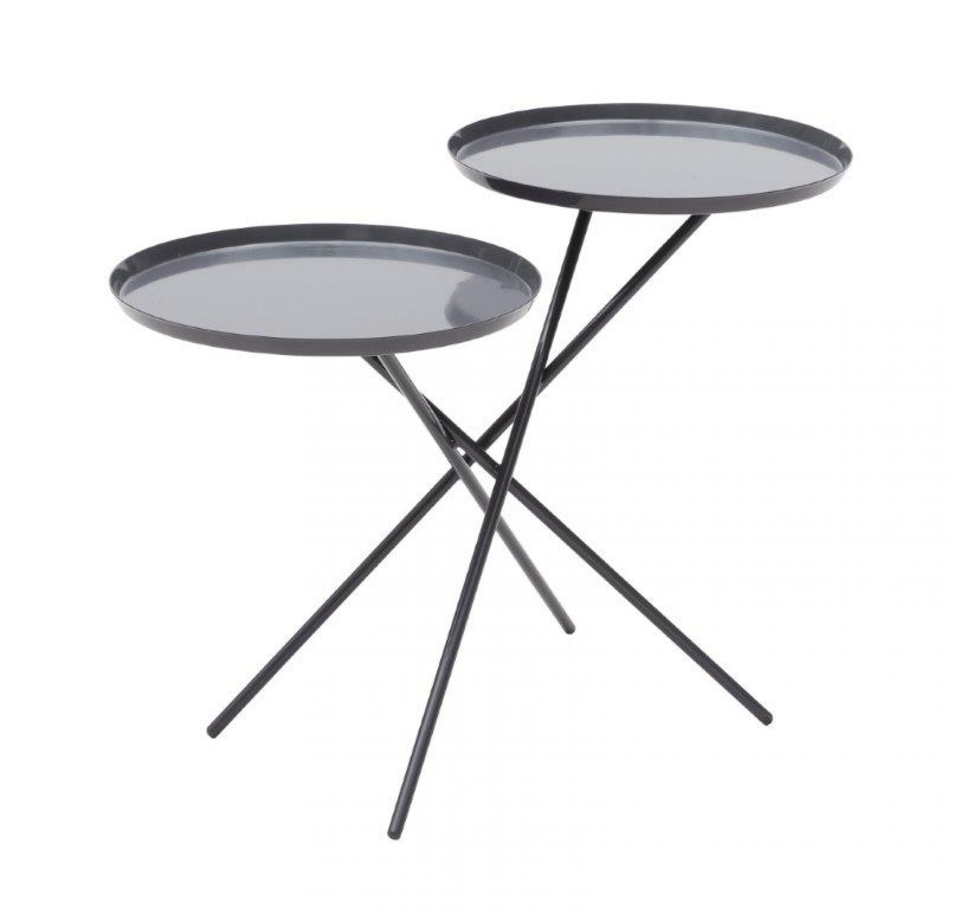 Grauer Monday Beistelltisch mit zwei runden Ablageflächen und filigranem, schwarzem Metallgestell. Moderner Couchtisch für Wohnzimmer.