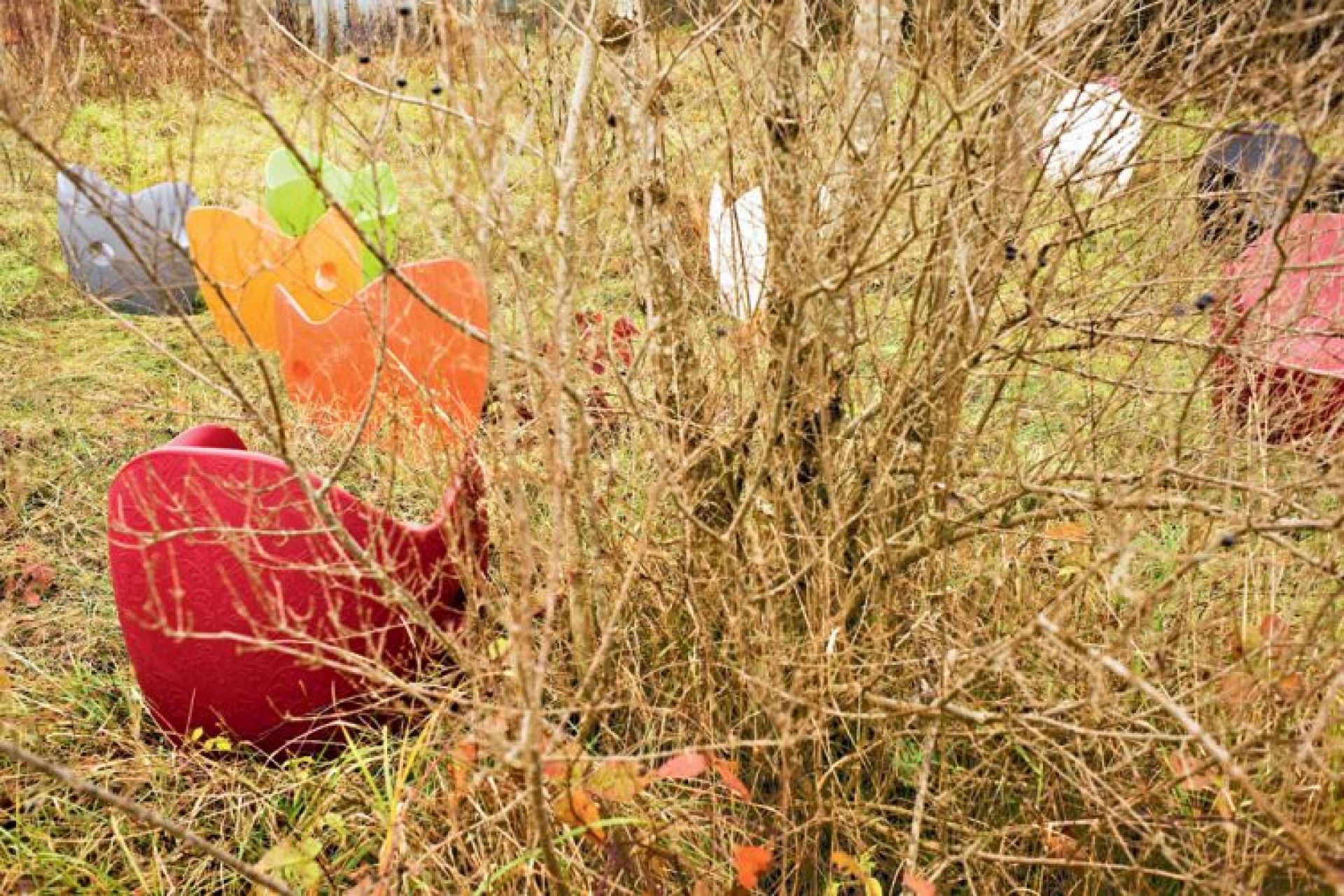 Roter O-Nest Sessel von Moroso im Garten, teilweise von Ästen und Pflanzen verdeckt.