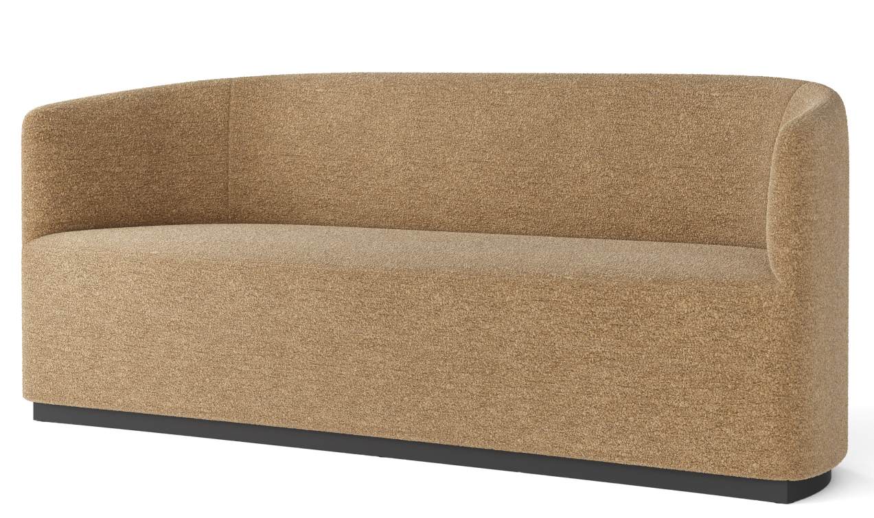 Beiges Tearoom Sofa von Audo mit abgerundeter Rückenlehne und dunklem Sockel, modernes Design für Wohnzimmer.