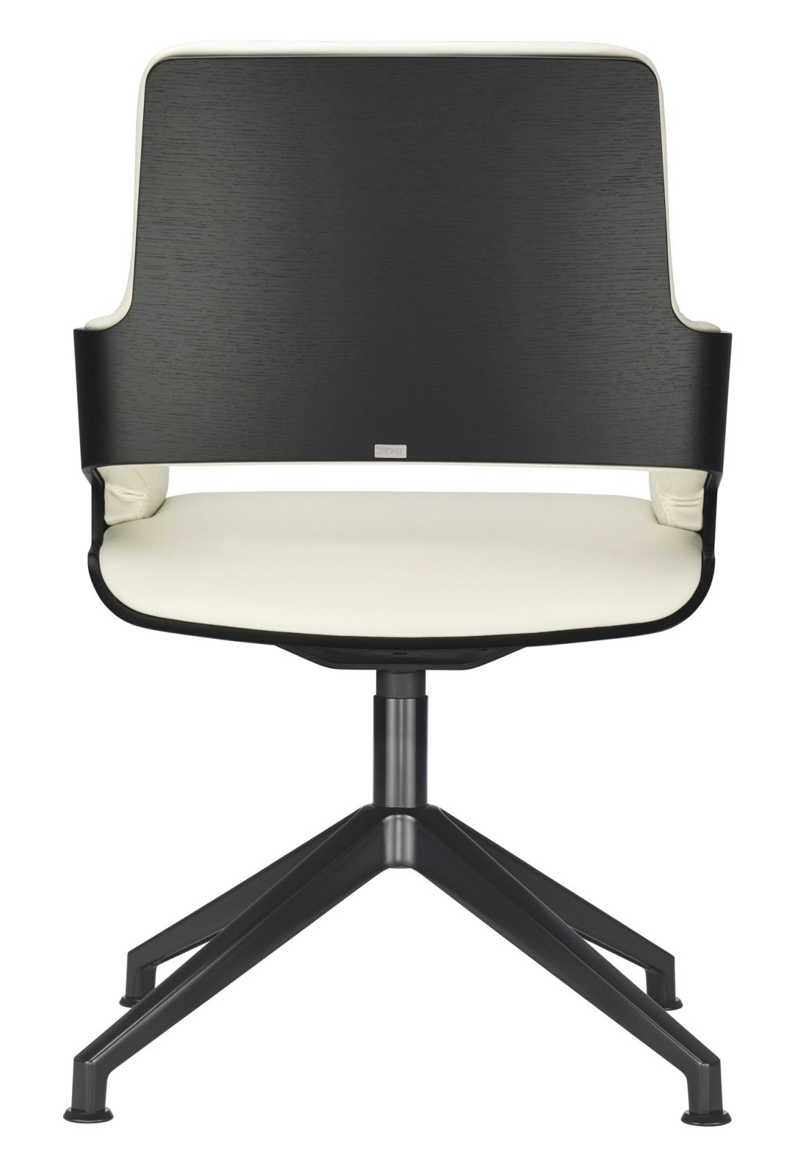 Ansicht von hinten: S 847 D Drehsessel von Thonet mit schwarzem Holz und cremefarbenem Leder.