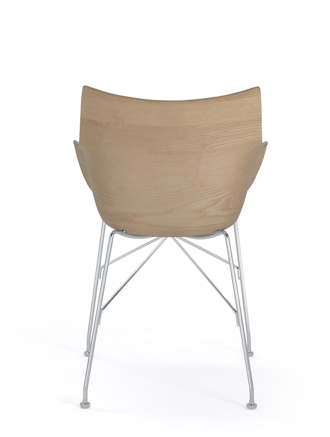Rückansicht des Q/Wood Stuhls von Kartell mit Holzschale und verchromtem Metallgestell.