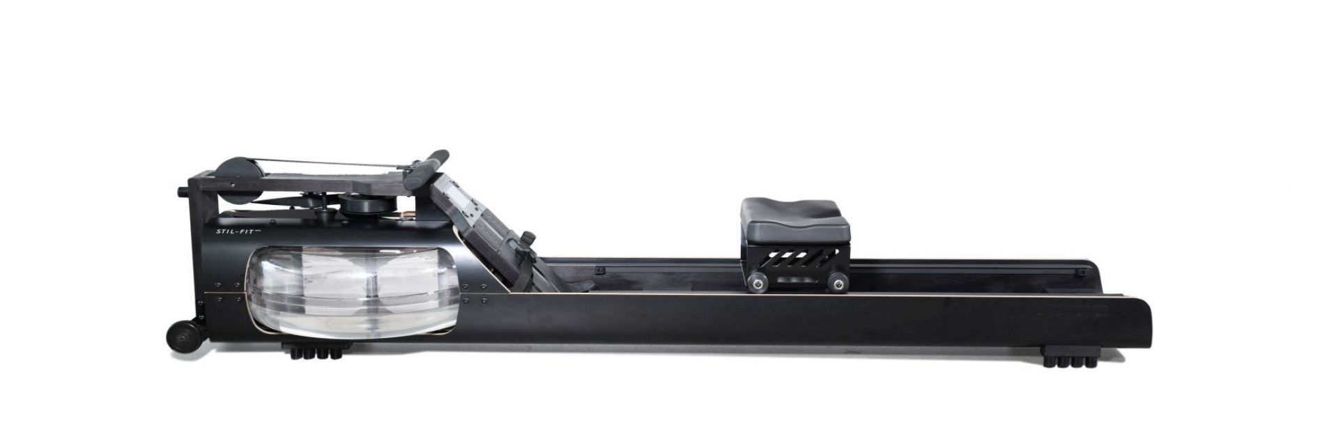 Schwarzes FLOW Rudergerät von Stil-Fit, Seitenansicht. Wasser-Rudergerät für effektives Training zu Hause.