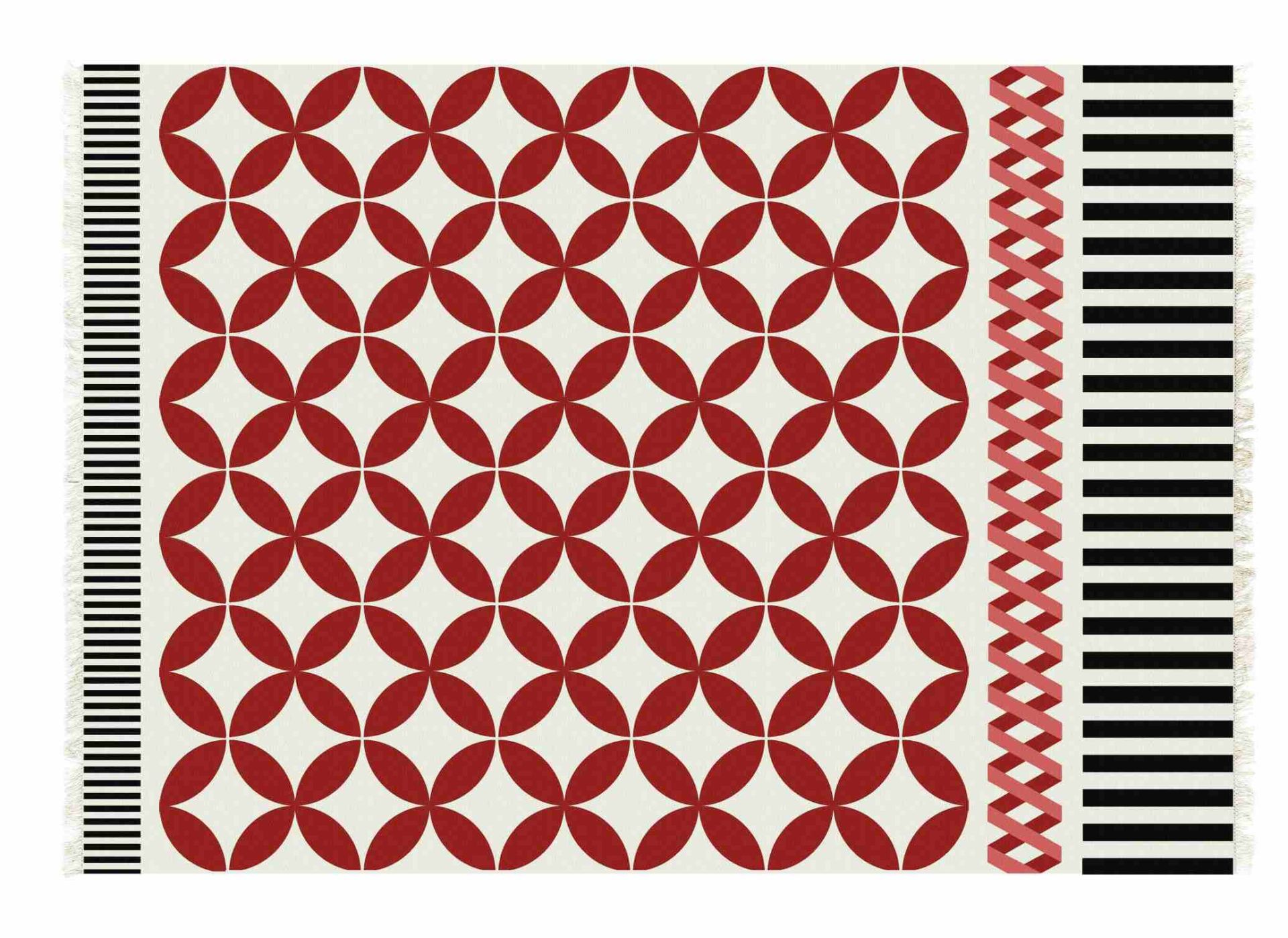 Kilim Catania Teppich mit rotem Blütenmuster und schwarz-weiß gestreiften Bordüren. Moderner Teppich für Wohnräume.