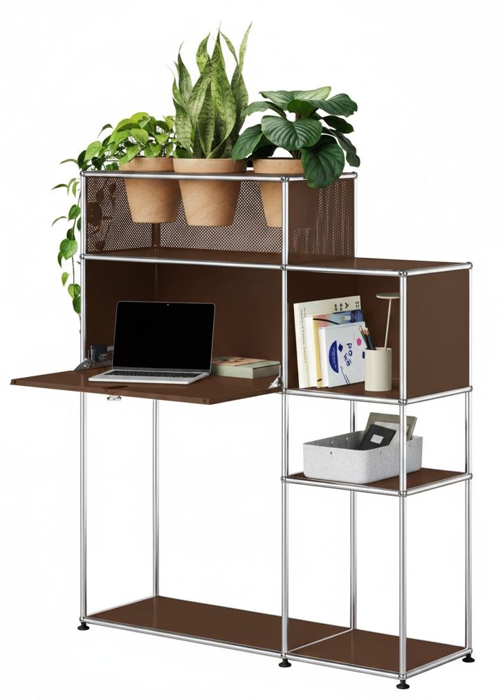 Home Office mit Pflanzenelement USM Haller Braun
