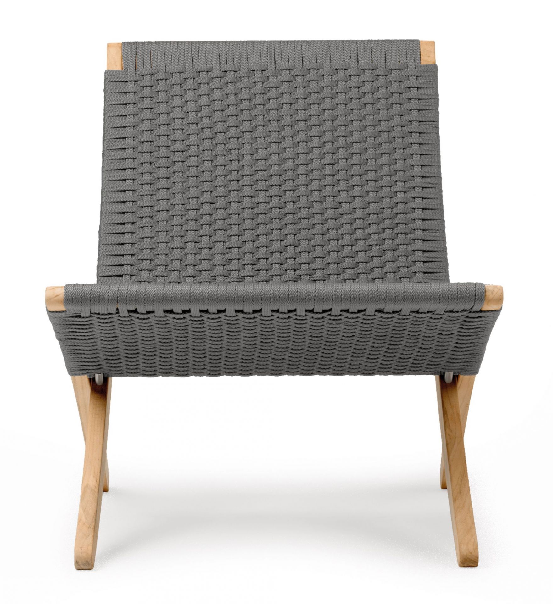 Cuba Chair Outdoor Sessel von Carl Hansen & Søn mit grauem Seilgeflecht und hellem Holzgestell.