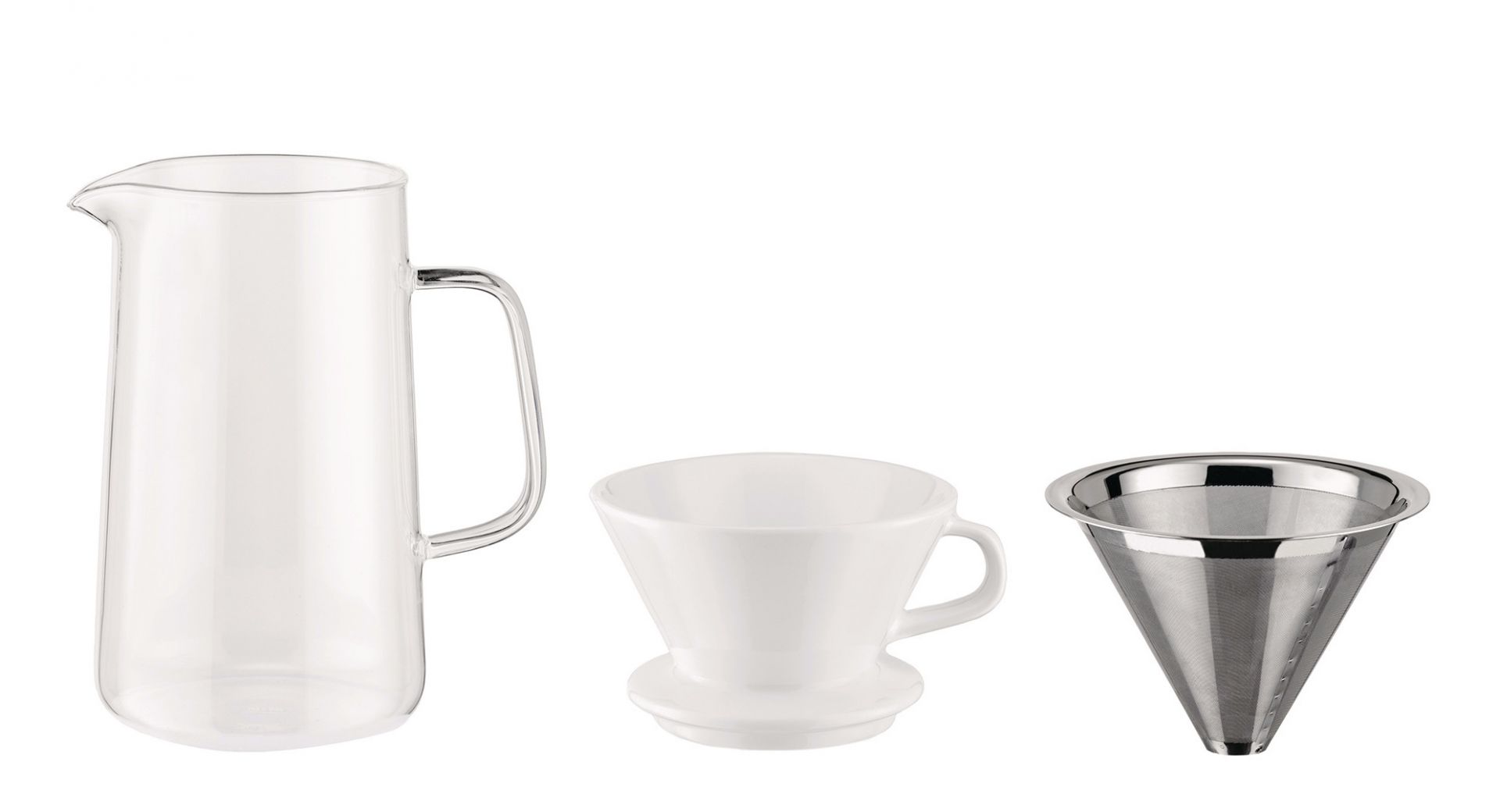 Alessi Slow Coffee Set: Glaskanne, Keramikfilterhalter und Edelstahlfilter für perfekten Filterkaffee.