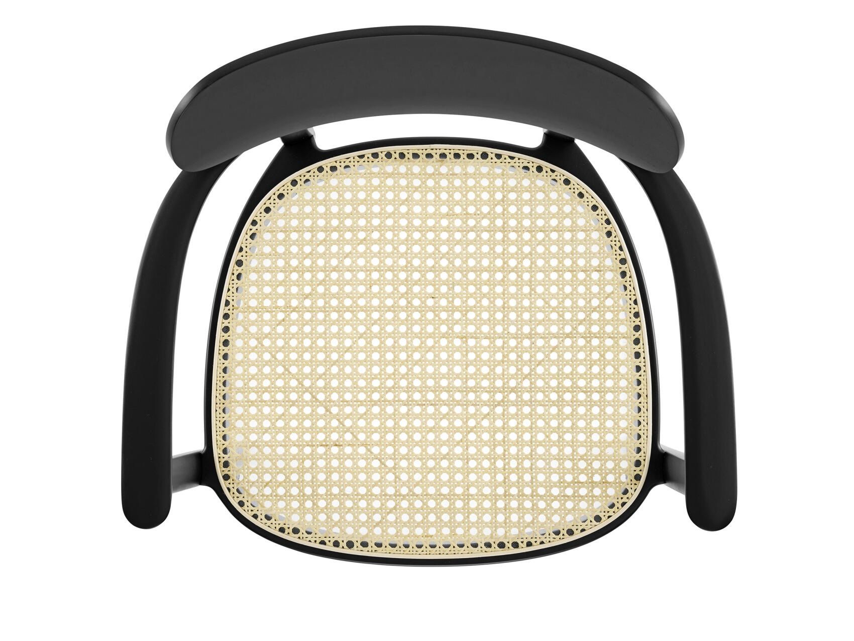 Draufsicht: Schwarzer 118 FV Holzstuhl mit Armlehnen und Wiener Geflecht Sitzfläche.