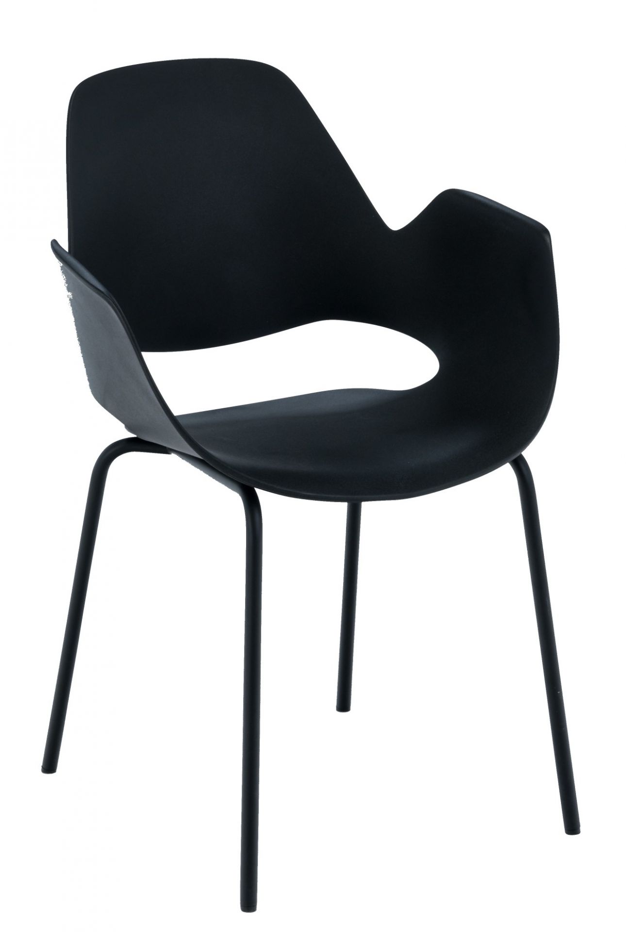 Falk Stuhl mit Armlehne von Houe, schwarzes Design mit pulverbeschichteten Metallbeinen.