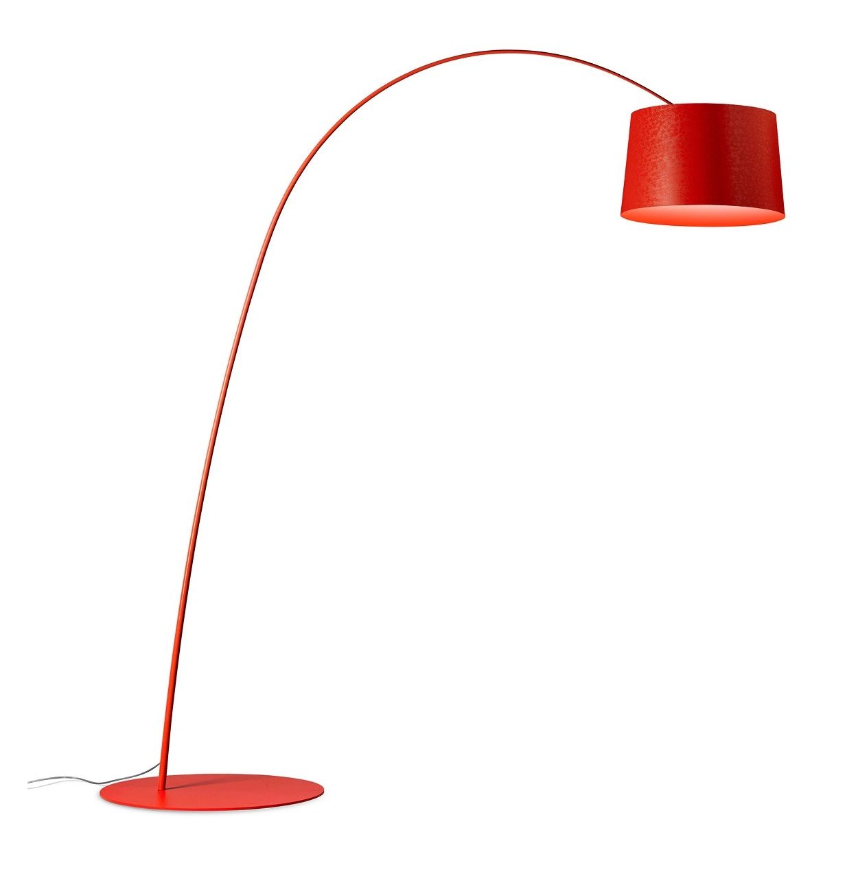 Rote Twiggy Stehleuchte von Foscarini mit geschwungenem Lampenfuß und zylindrischem Lampenschirm für Wohnzimmer und Büro.
