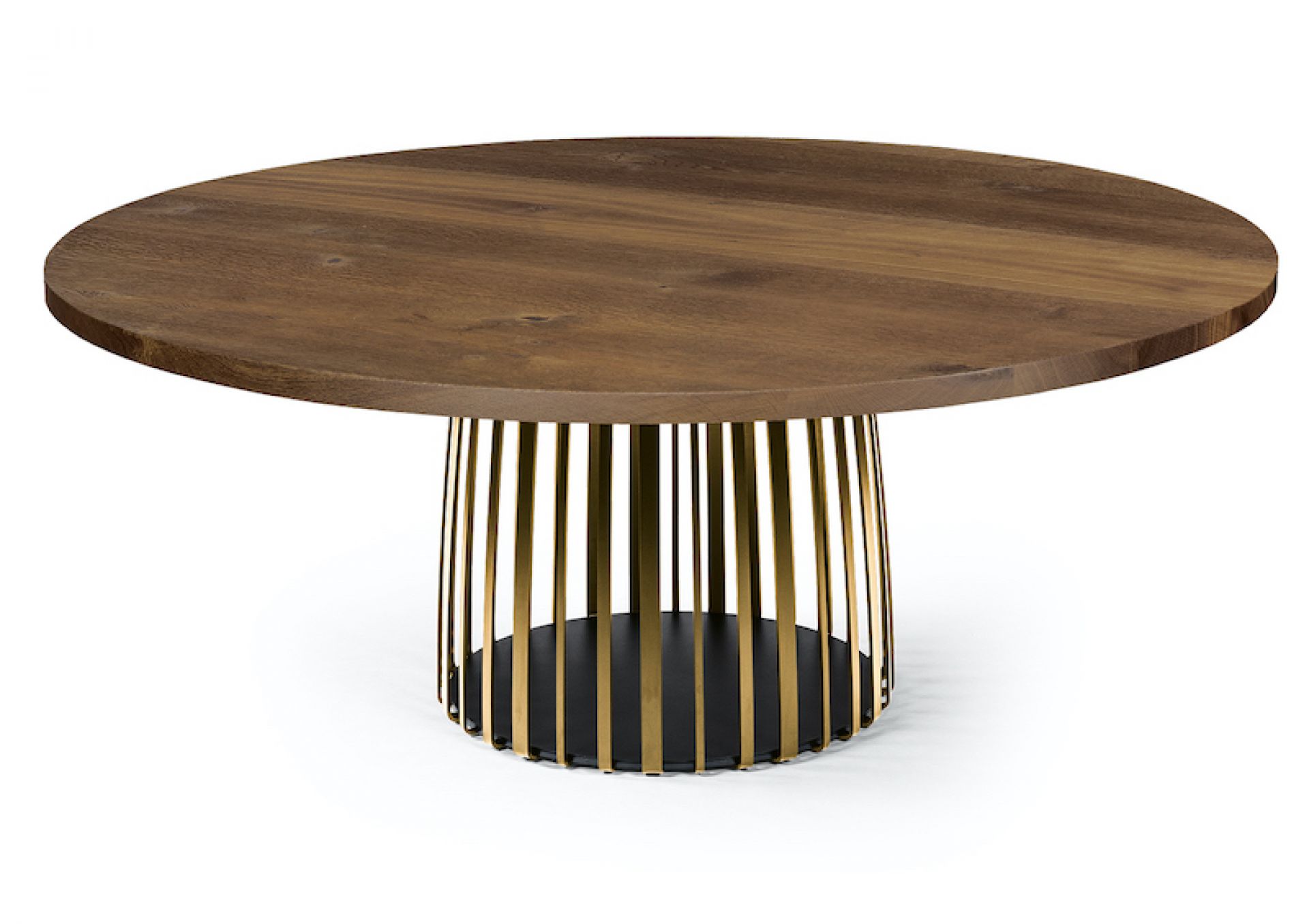 BC 07 Basket Tisch: Runder Esstisch mit geräucherter Eichenplatte und goldenem Metallgestell.