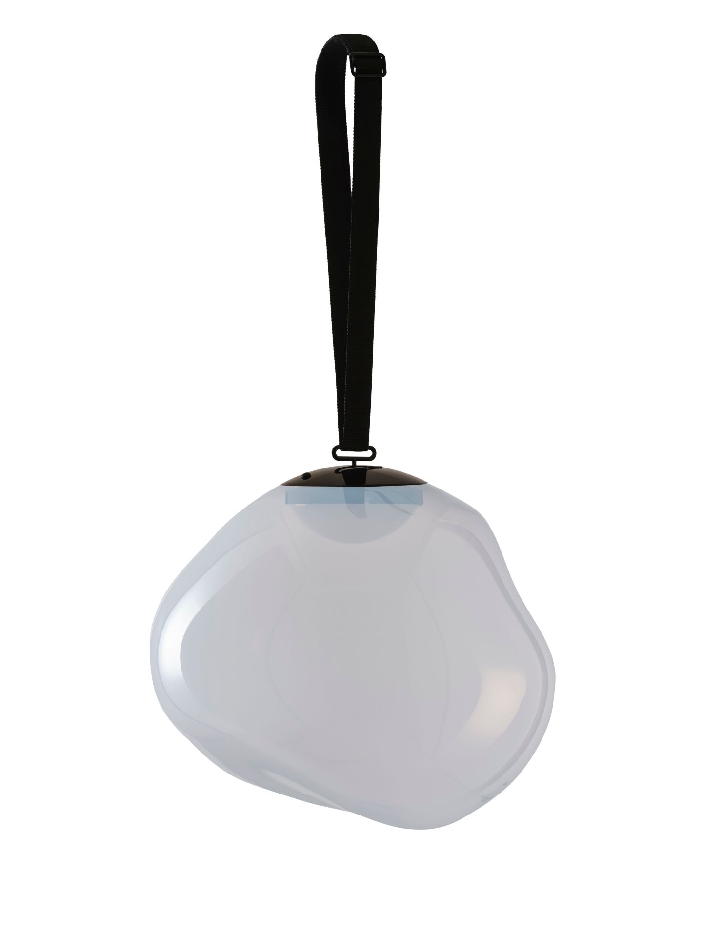 Nahaufnahme der Tom Dixon Melt LED Leuchte in Opal mit schwarzem Tragegurt.