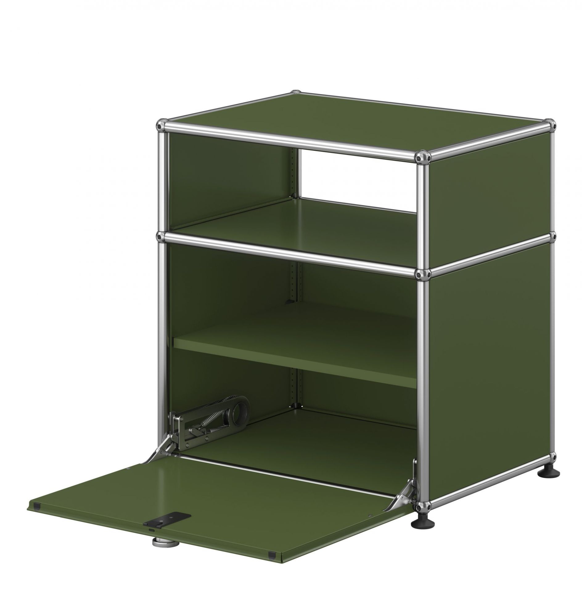 USM Haller Nachttisch in Olivgrün mit offener Klapptür, zwei Fächern und verchromtem Gestell.