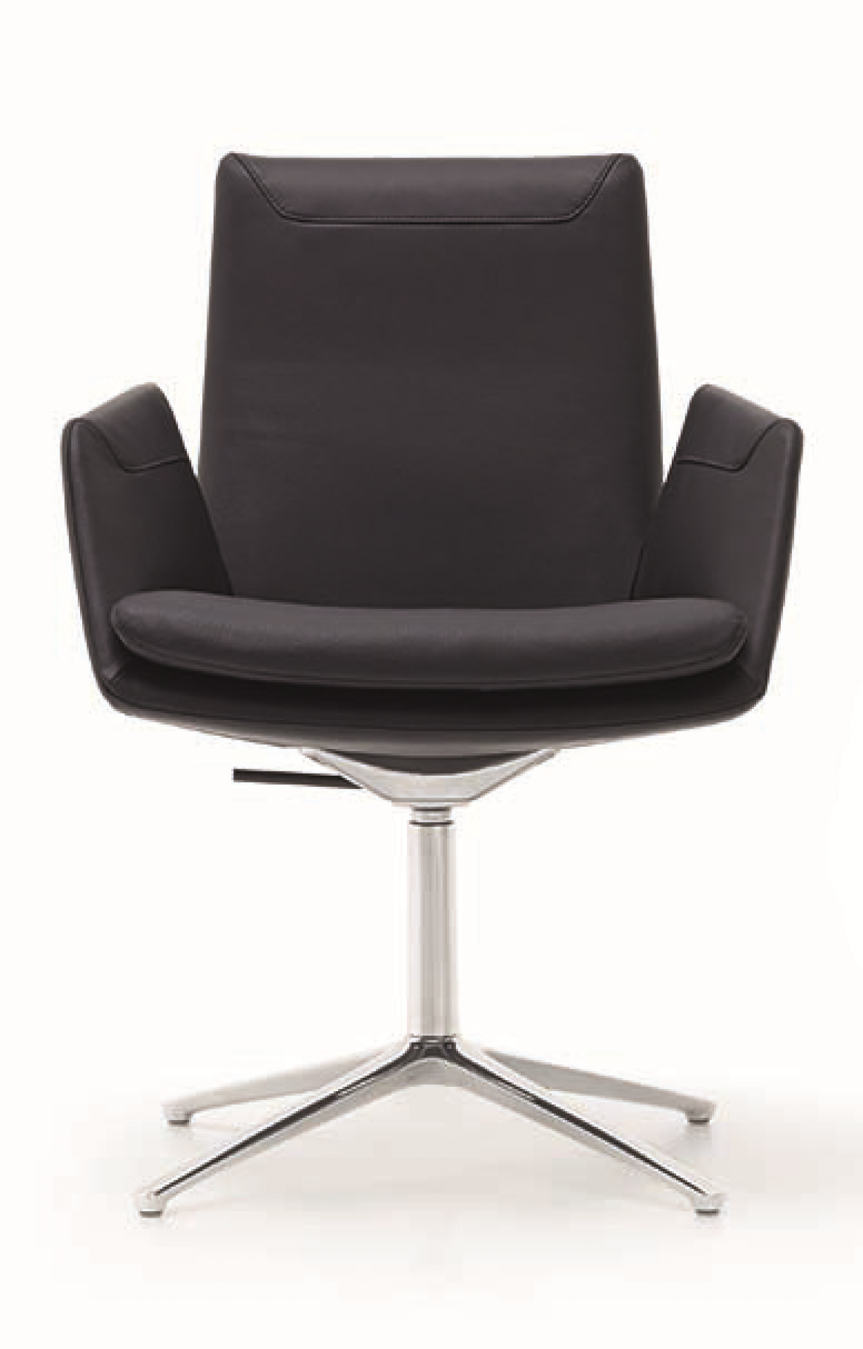 Schwarzer Cordia Drehstuhl mit niedrigem Rücken, Lederbezug und silberfarbenem Fußkreuz, Bürostuhl.