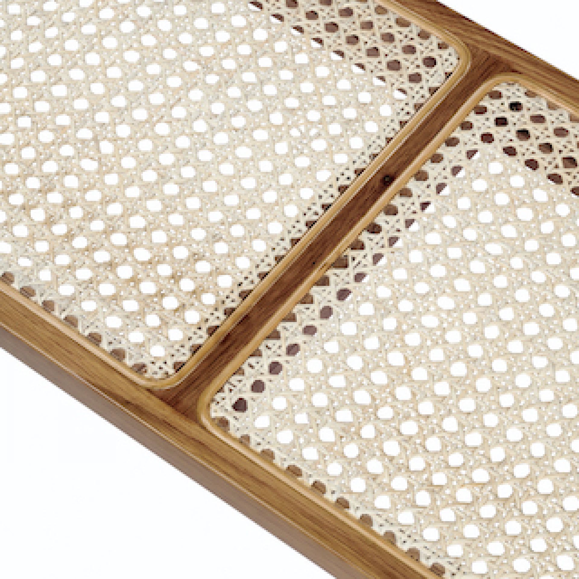 Detailaufnahme der Le Roi Bank von NORR11: Holzrahmen mit Wiener Geflecht Sitzfläche. Design Sitzbank.