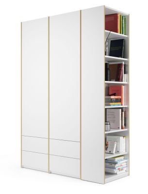 Weißer MODULAR PLUS Schrank mit drei Türen, Schubladen und offenem Anbauregal rechts, Bücher.