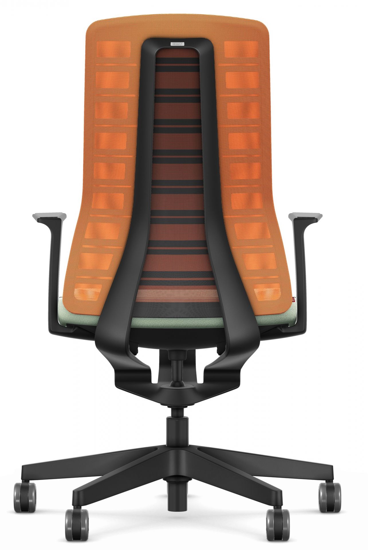 Rückansicht Interstuhl Pure Edition Active Bürostuhl, orangefarbene Rückenlehne, mintfarbener Sitz, schwarzes Fußkreuz mit Rollen.