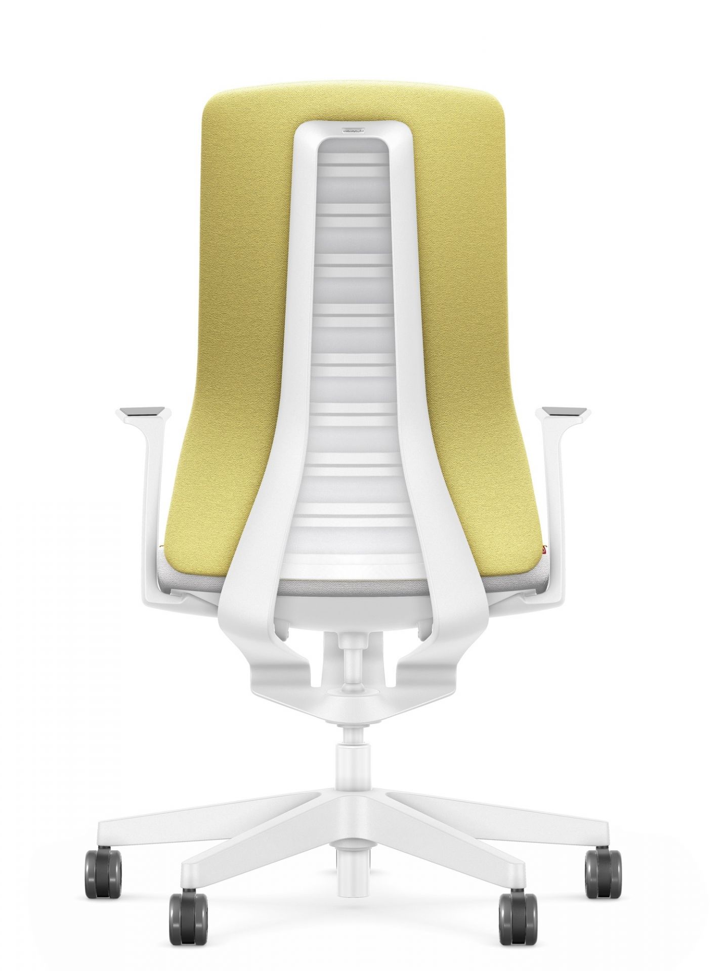 Rückansicht des Interstuhl Bürodrehstuhls Pure Edition mit gelber Rückenlehne und weißem Gestell.