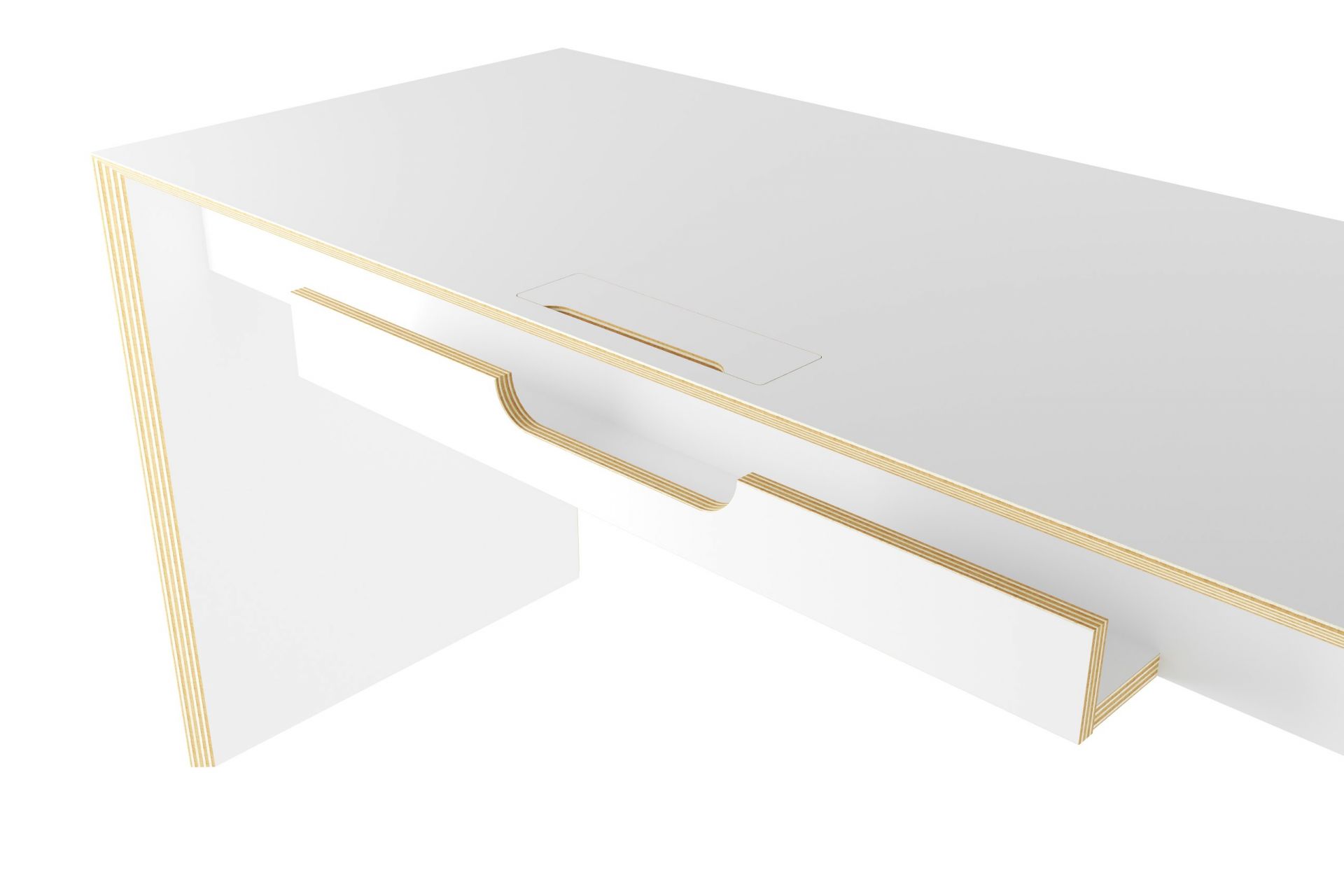 Weißer Bridge Schreibtisch von Müller Möbelwerkstätten mit Schublade und Kabeldurchlass, Detailansicht.