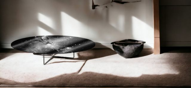 Galaxy Low Table: Runder, niedriger Tisch mit Galaxie-Muster von Moroso Diesel im modernen Wohnzimmer.