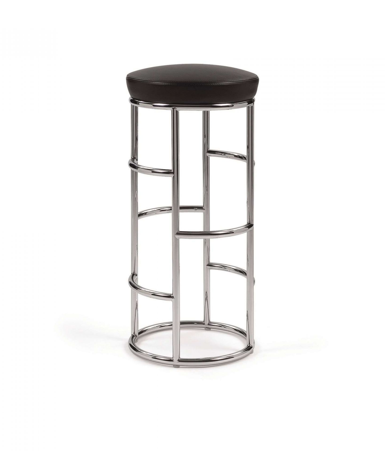 Satish Barhocker mit braunem Ledersitz und verchromtem Stahlgestell für Küche und Bar.