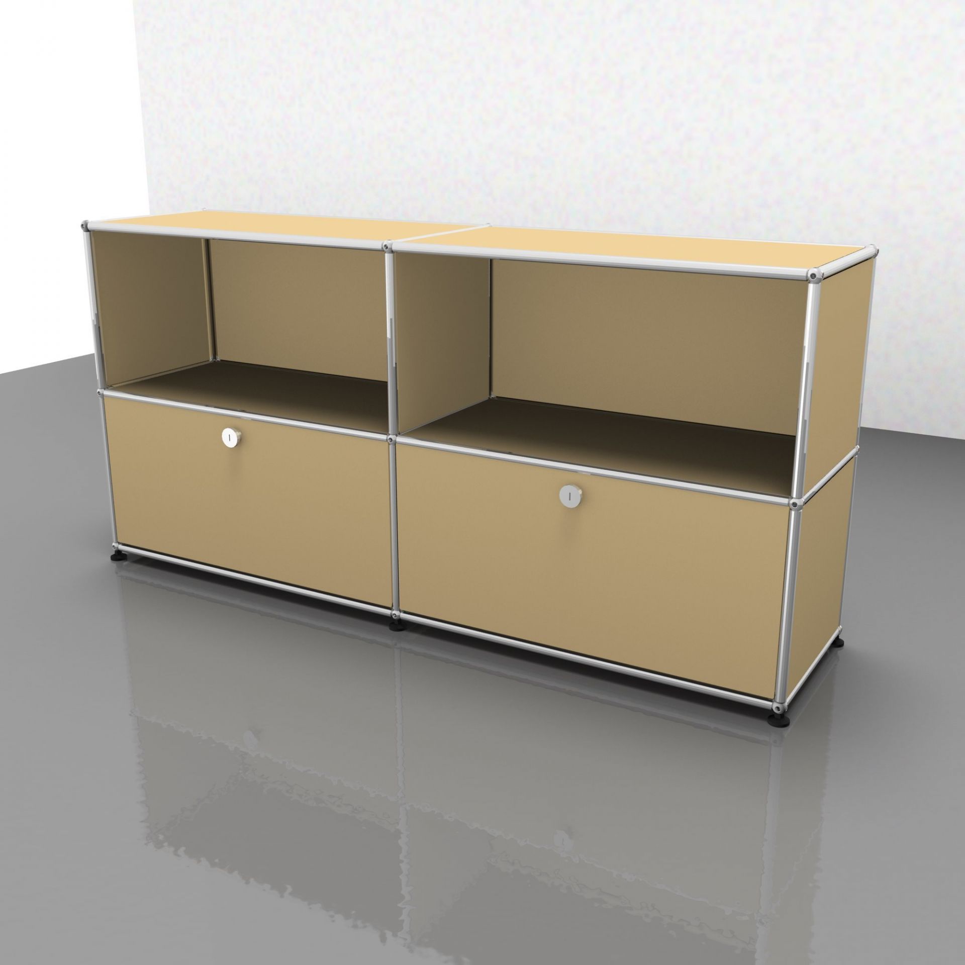 Beige USM Haller Sideboard mit zwei Klappen, Chromgestell, modernes modulares Möbeldesign für Wohnzimmer und Büro.