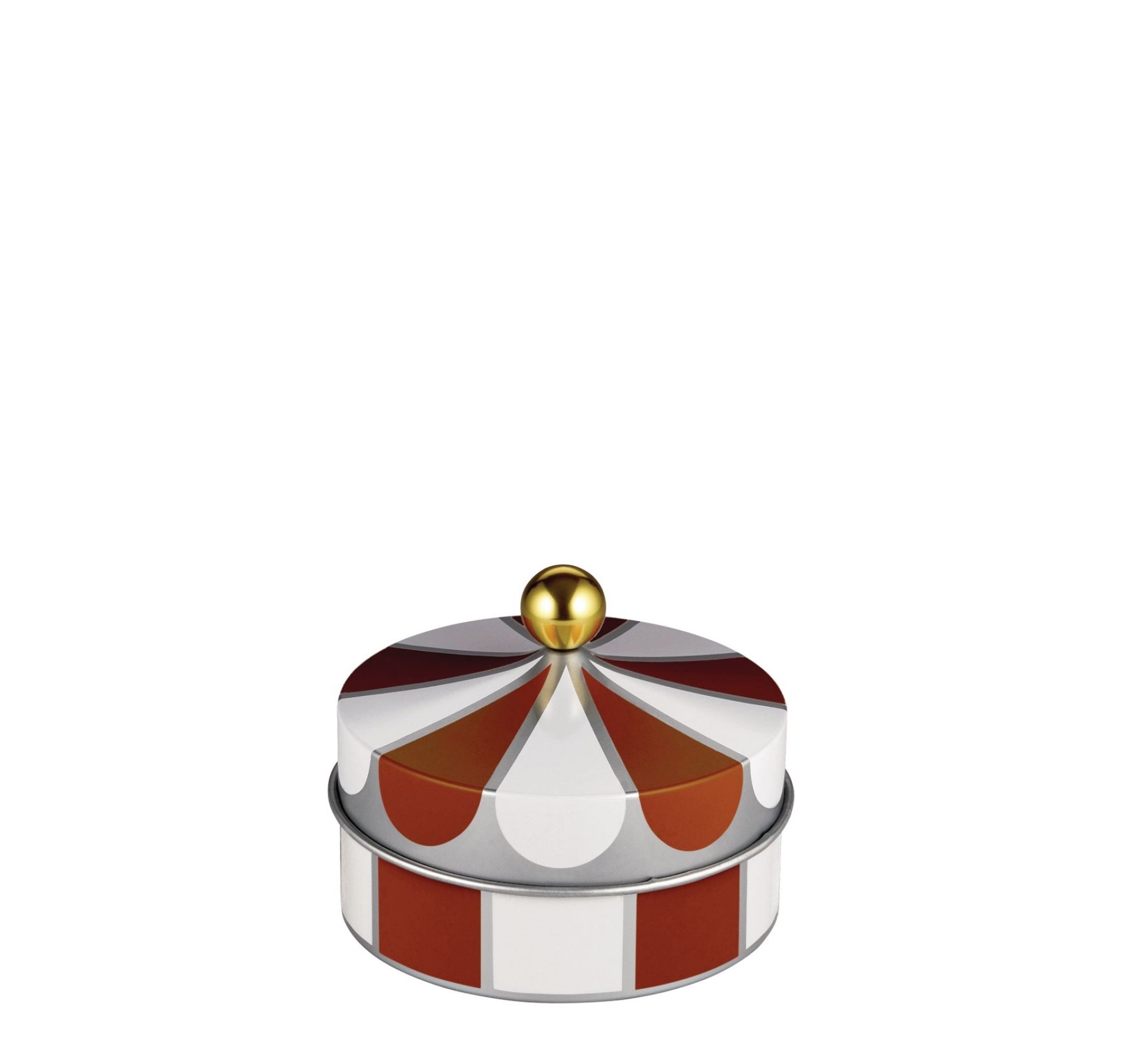 Alessi Circus Metalldose, Detailansicht: Rund, gestreift, mit goldenem Knauf. Dekorative Vorratsdose für Küche.