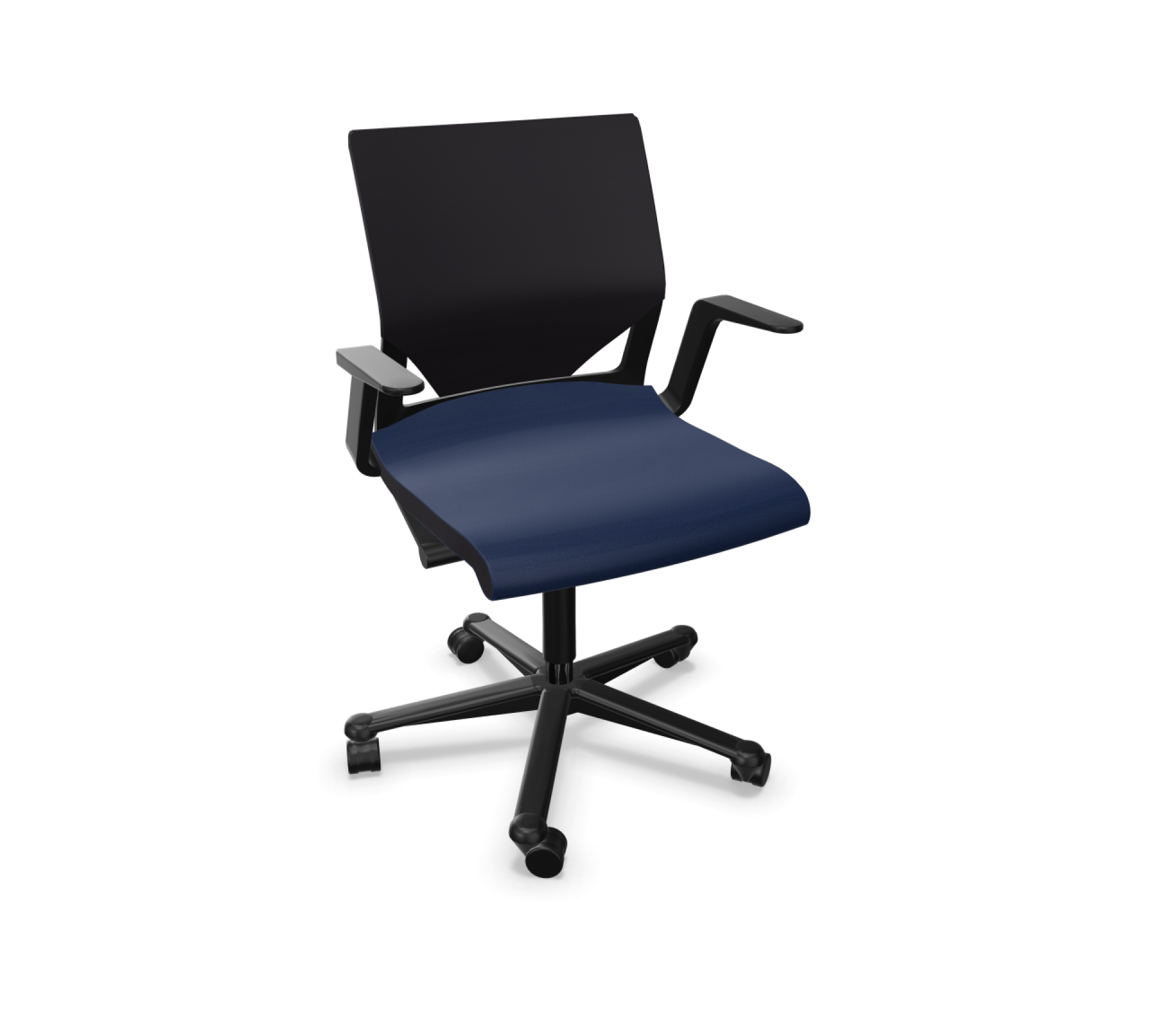 Wilkhahn Modus Drehstuhl mit blauem Sitzpolster und schwarzer Rückenlehne, ergonomischer Bürostuhl für komfortables Sitzen.