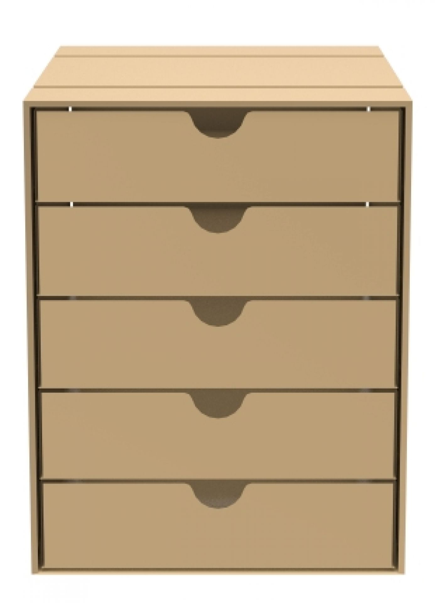 Beige USM Haller Inos Kastenset mit fünf geschlossenen Schubladen für das Home Office, Frontansicht.