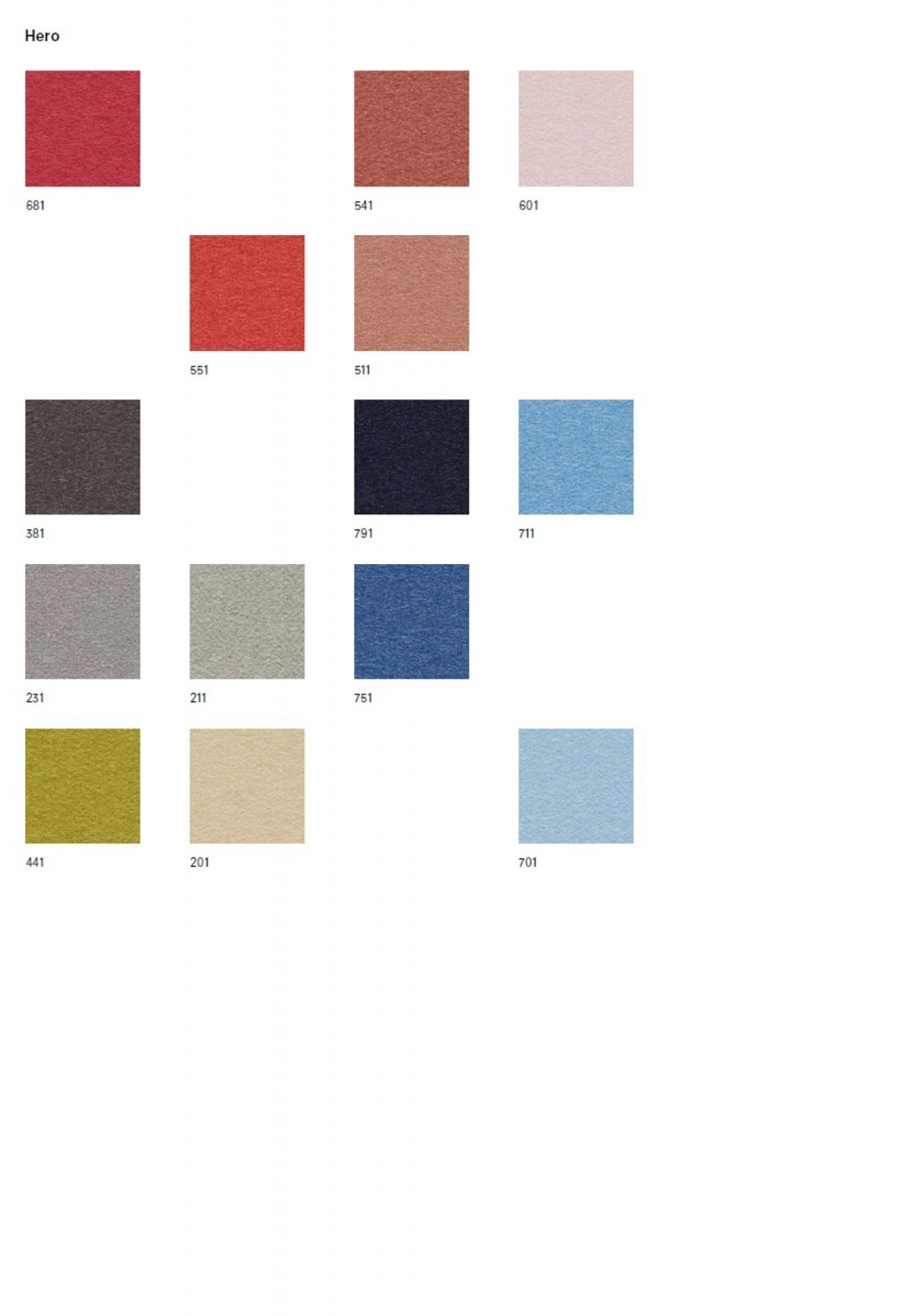 Stoffmusterkarte Hero von Kvadrat mit verschiedenen Farben und Nummern für Möbelstoffe und Polsterstoffe.