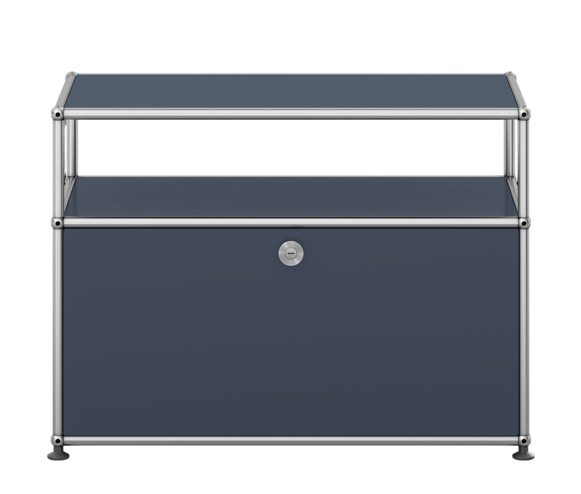 USM Haller Beistellmöbel in Anthrazitgrau mit einer Klappe, modernes Design für Wohnzimmer und Büro.