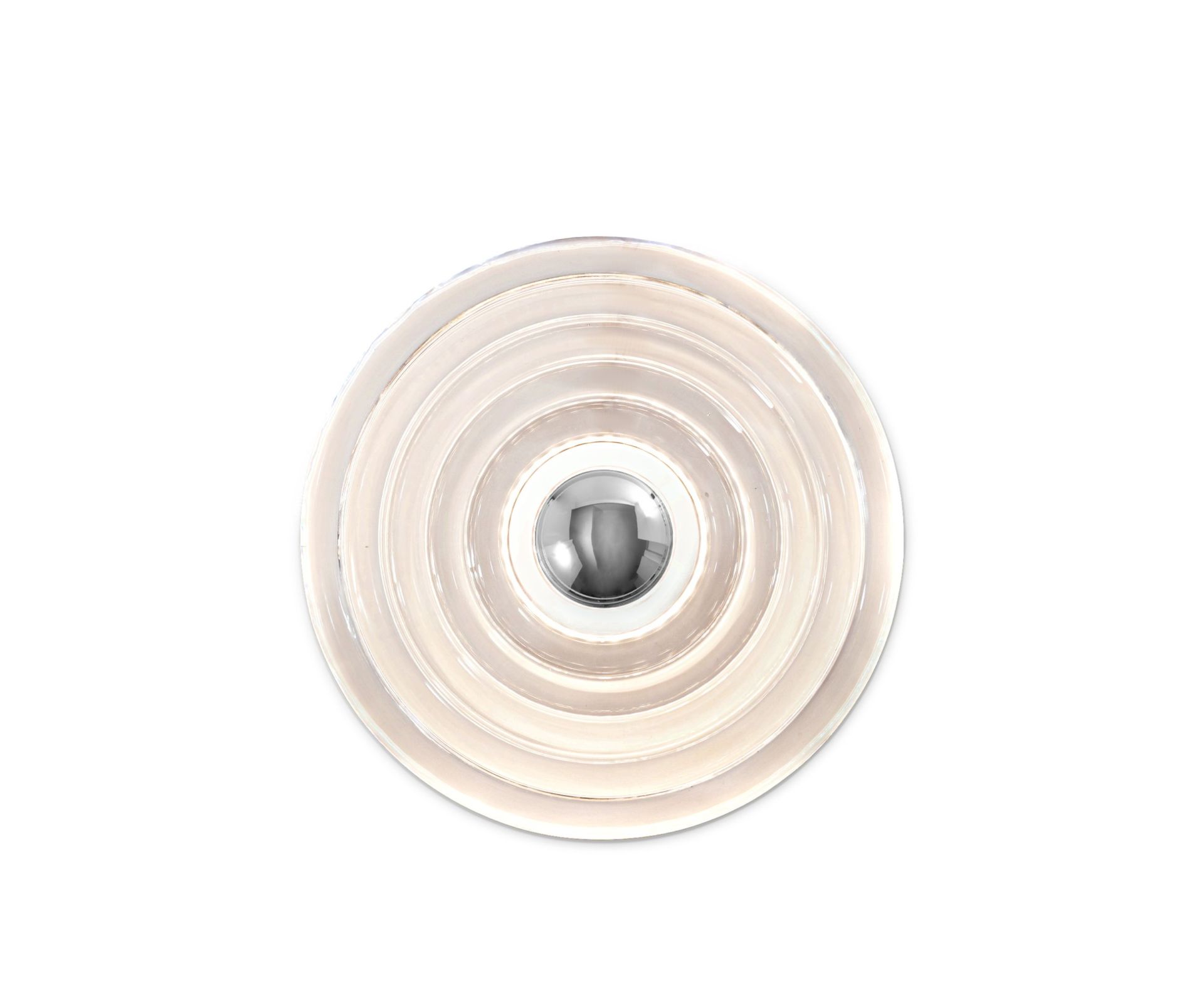 Nahaufnahme der runden Tom Dixon Press Surface Wandleuchte mit zentralem silbernen Reflektor.