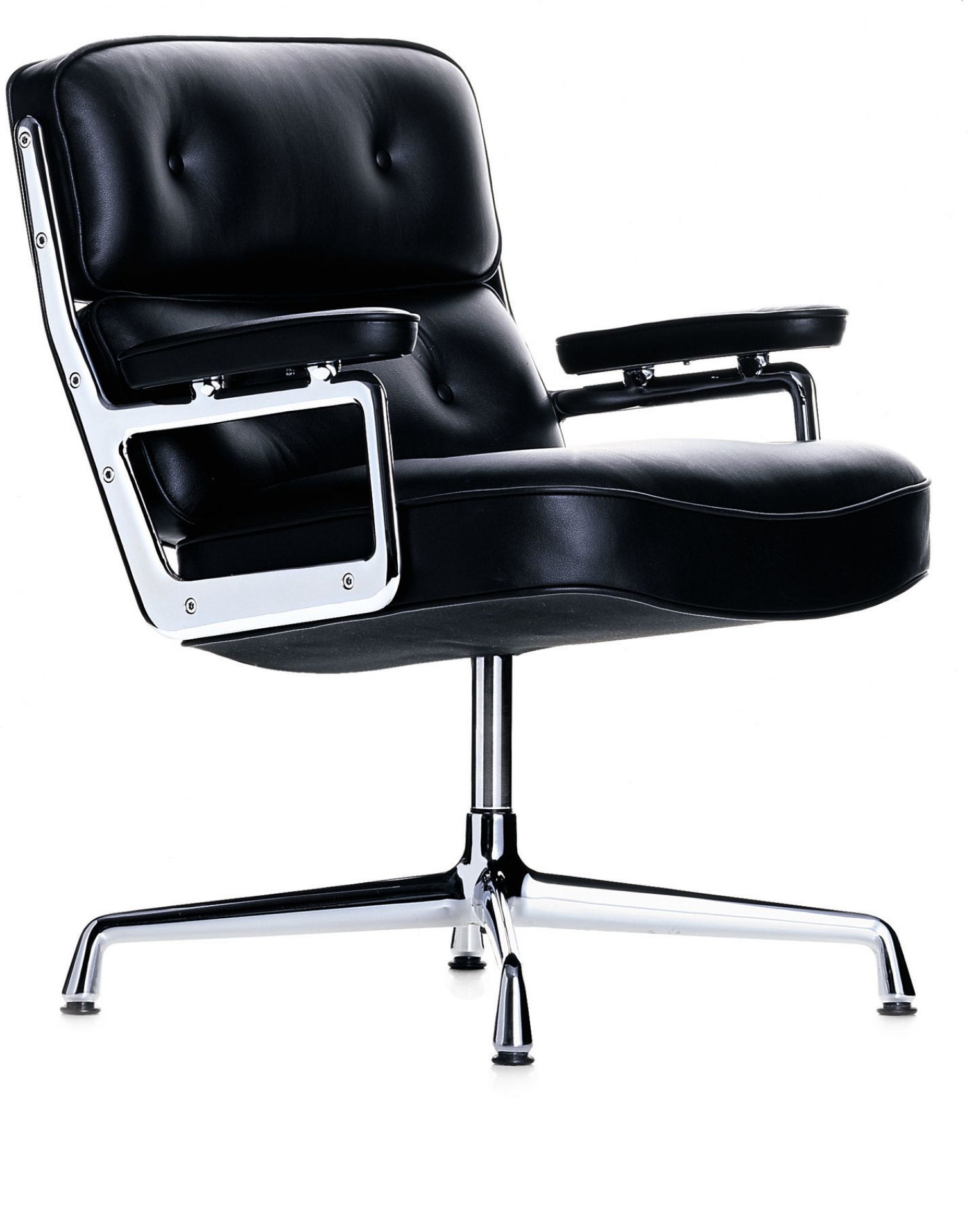Schwarzer Lobby Chair ES 108 Stuhl von Vitra mit Lederpolster und verchromtem Drehfuß.