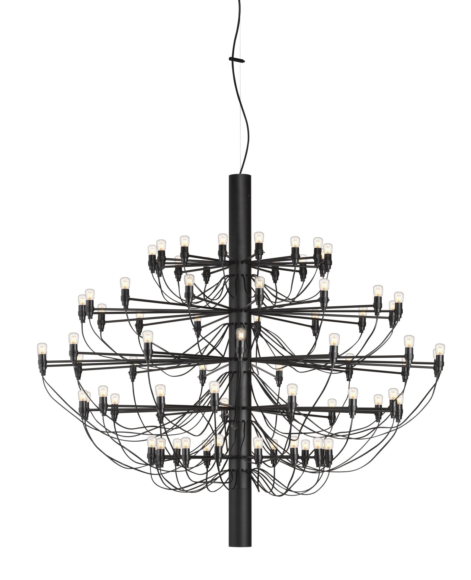 Schwarzer Flos Kronleuchter 2097/75 mit klaren Glühbirnen, modernes Design für Wohnzimmer und Esszimmer.