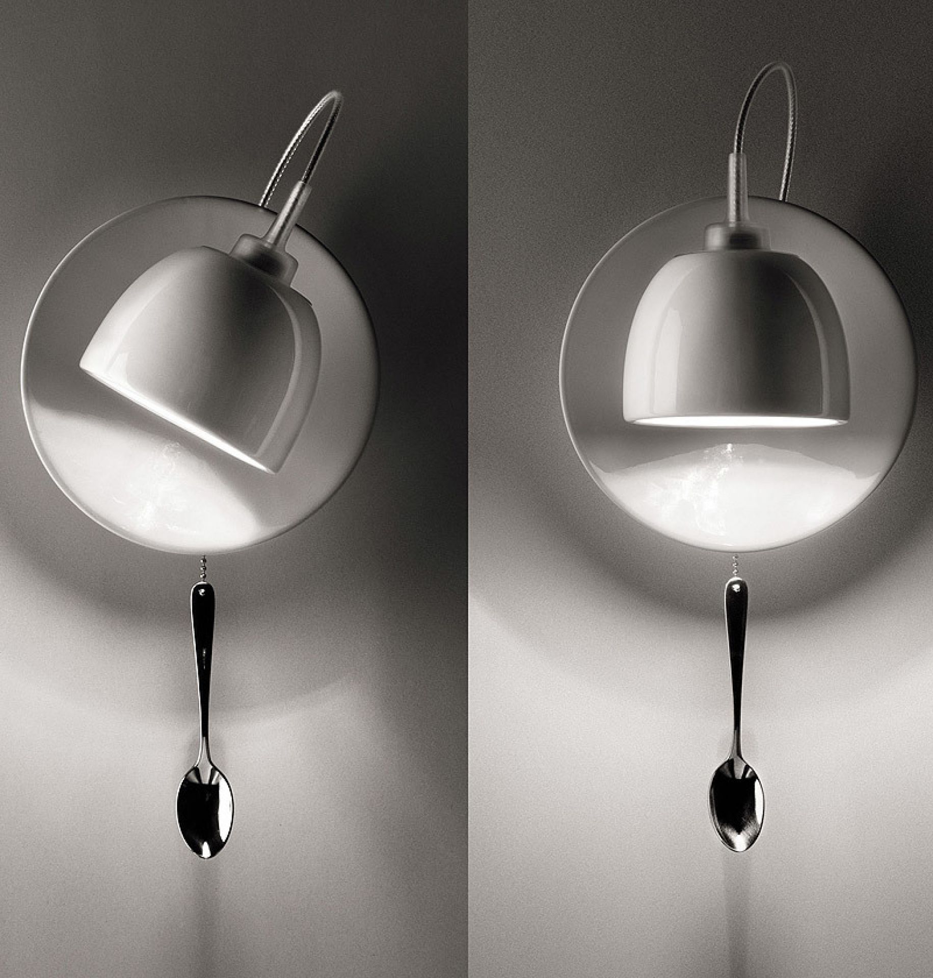 Zwei Light Au Lait Wandleuchten von Ingo Maurer mit Teller und Löffel als Schalter.