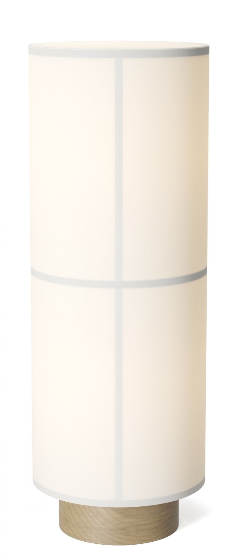 Helle Hashira Stehleuchte von Audo mit Stoffschirm und Holzfuß. Design Lampe.