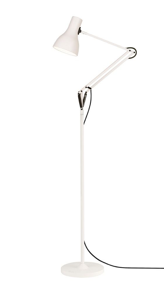Weiße Type 75 Stehleuchte von Anglepoise, modernes Design mit verstellbarem Arm und Lampenschirm.