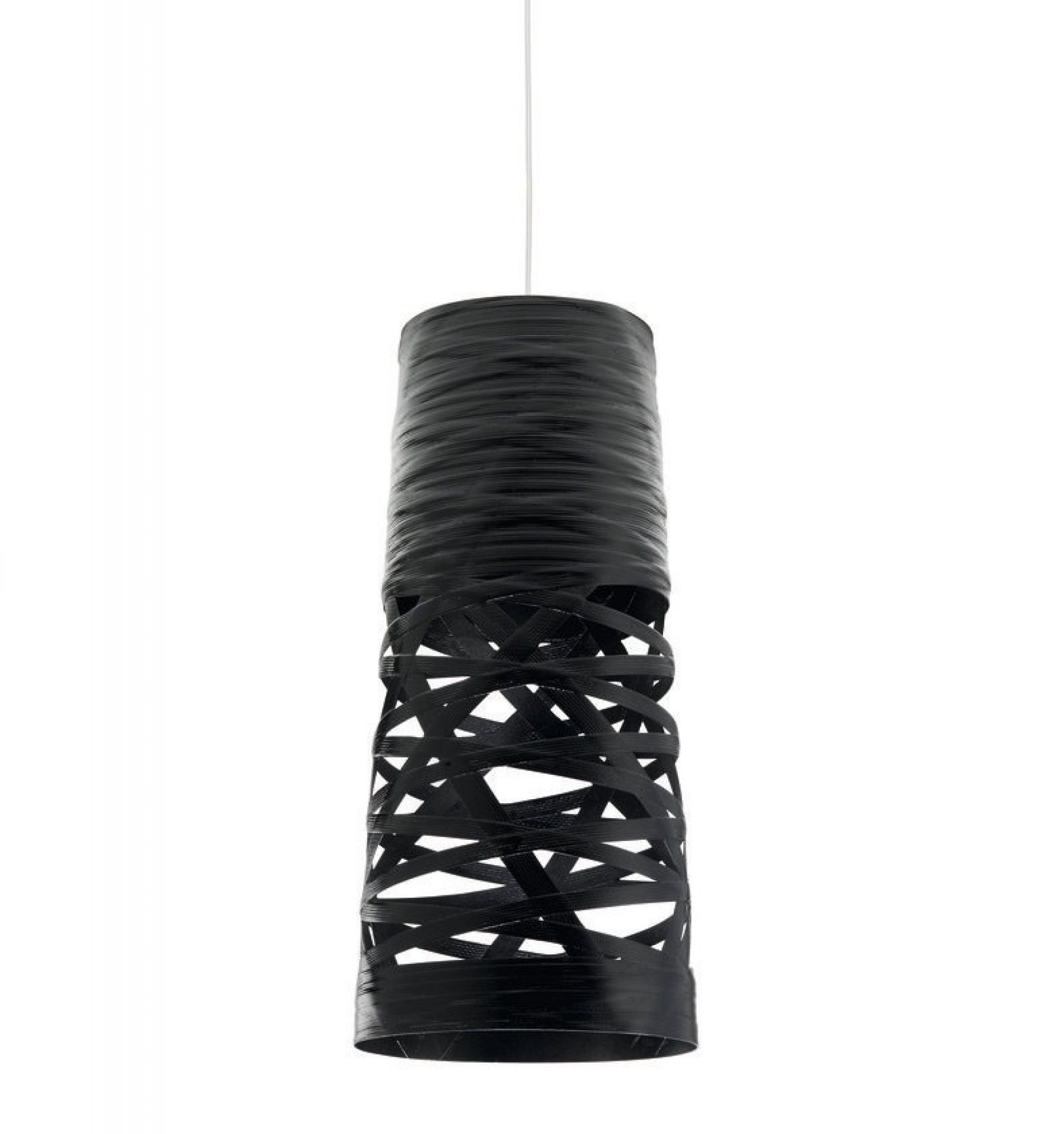 Schwarze Tress Mini Pendelleuchte von Foscarini mit modernem Design und geflochtenen Elementen für Wohnzimmer und Esszimmer.