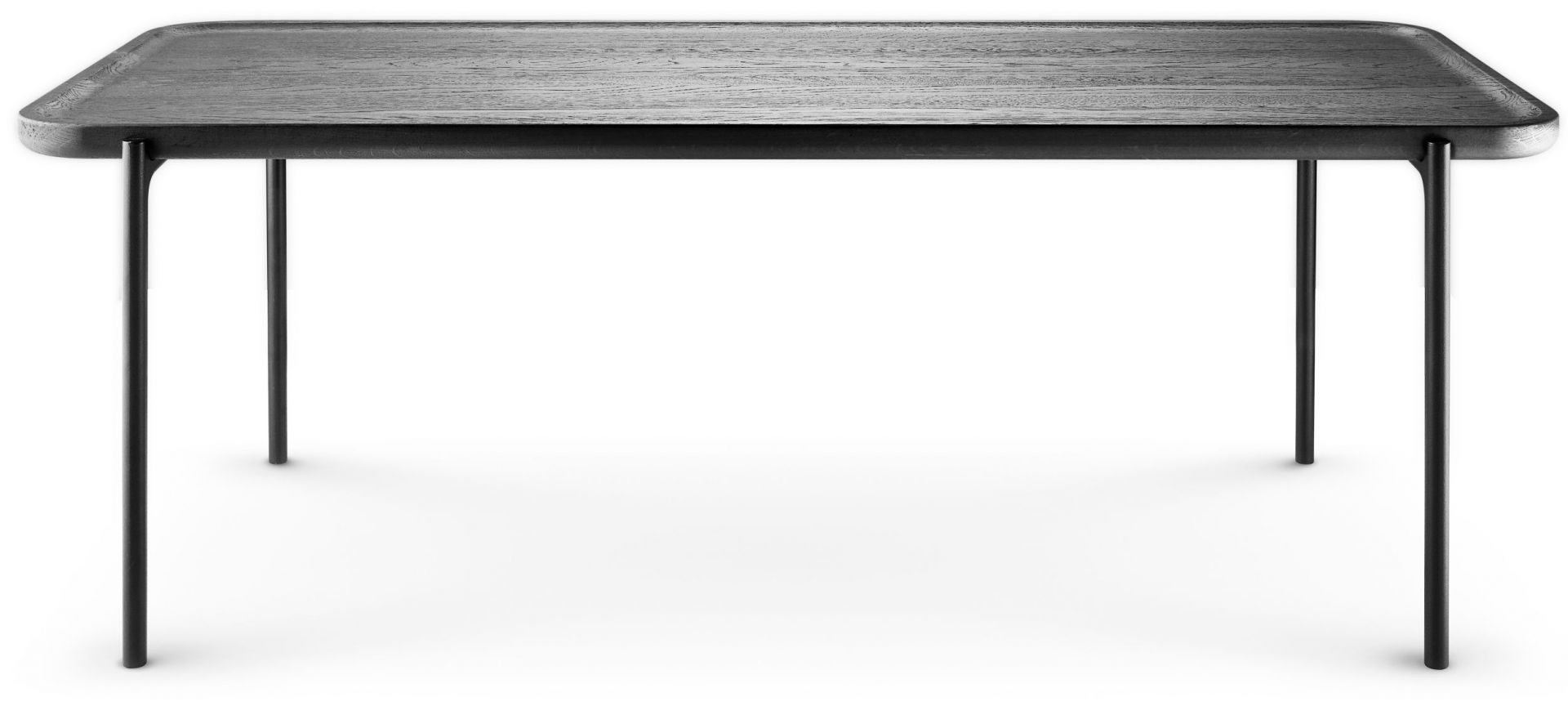 Schwarzer Savoye Tisch mit rechteckiger Eichenplatte und filigranen Metallbeinen. Moderner Esstisch für Wohnzimmer und Essbereich.