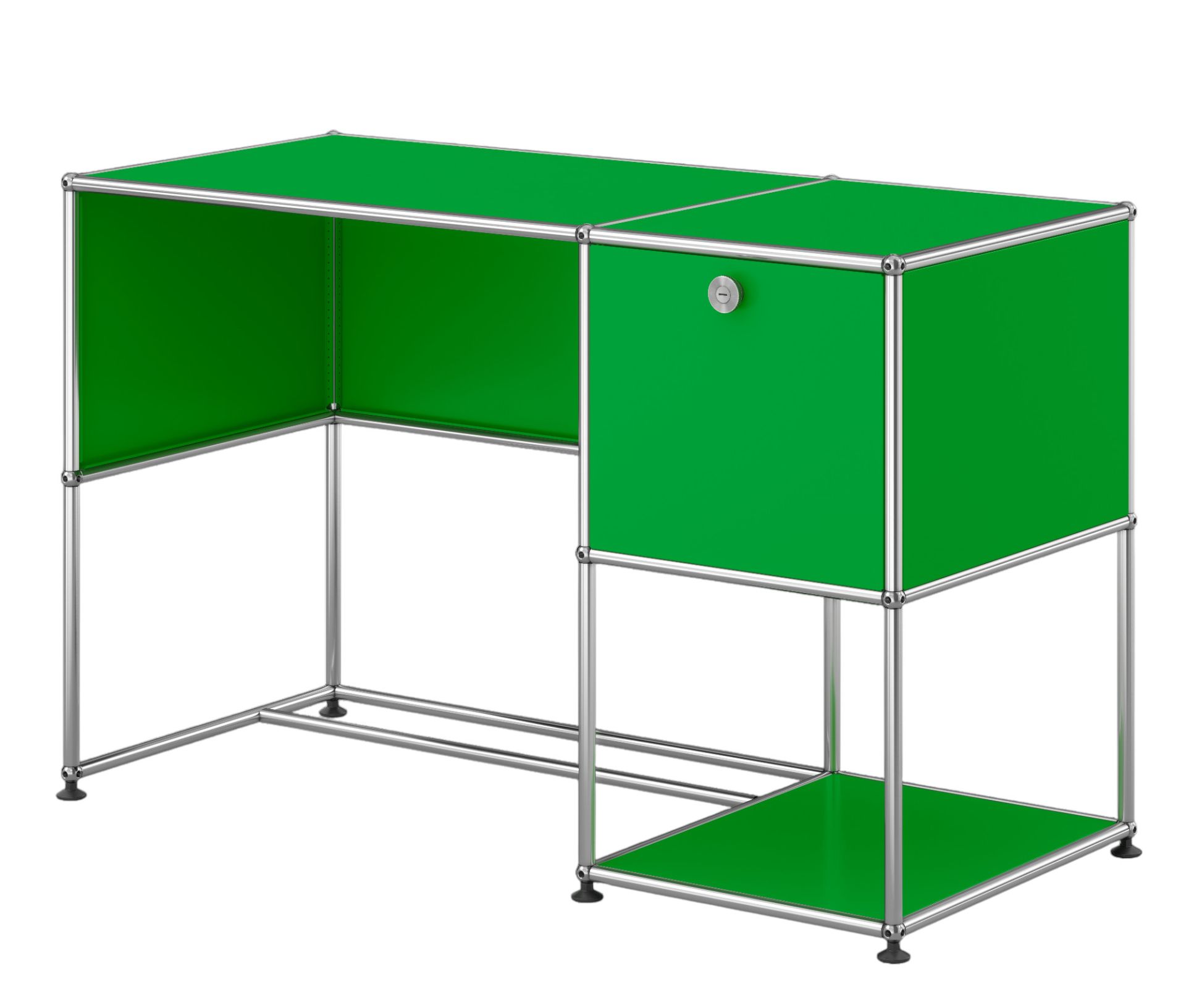 USM Haller Schreibtisch in Grün mit einem abschließbaren Schubladenelement und verchromtem Stahlrohrgestell.