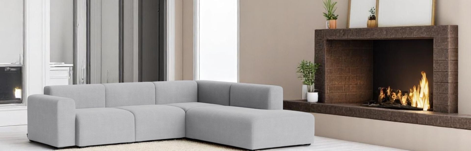 Helles Mags Sofa Eckkombination mit Hallingdal Stoff und Armlehne rechts im Wohnzimmer.