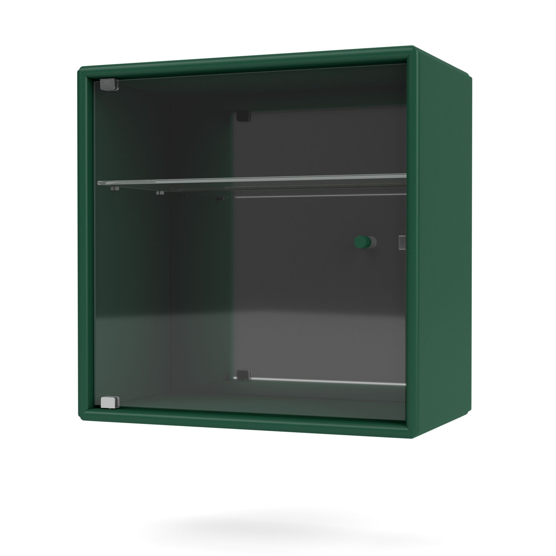 Grüner Wandschrank mit Glastür und Glasboden, ideal für Parfums und Kosmetik.