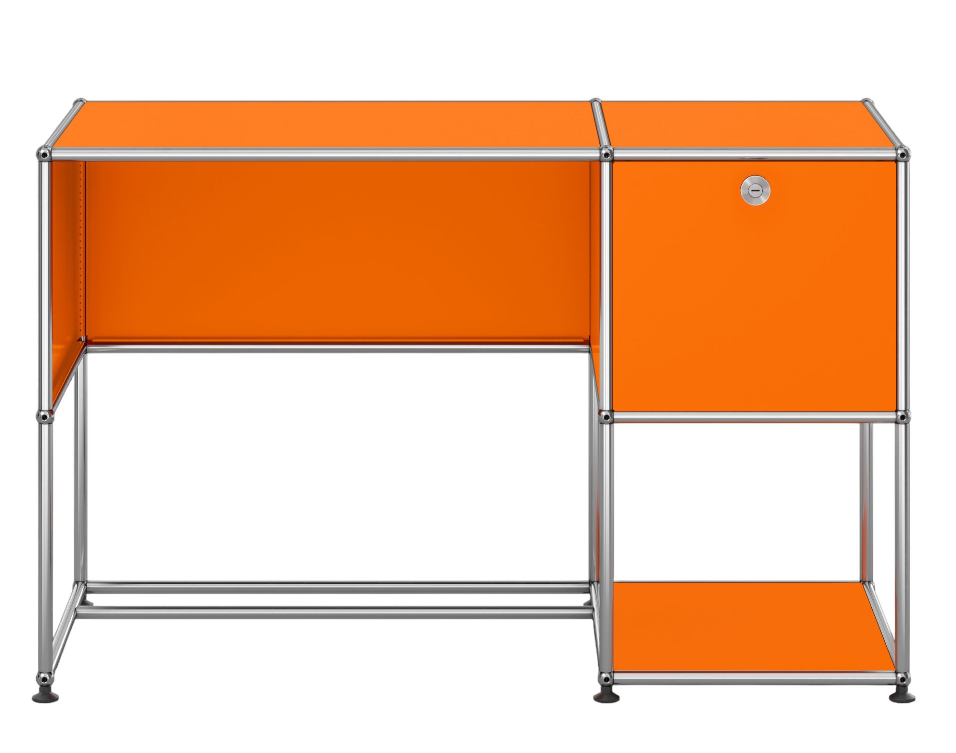 USM Haller Schreibtisch in Reinorange mit einem Schubladenelement und Ablagefach, modernes Designmöbel.