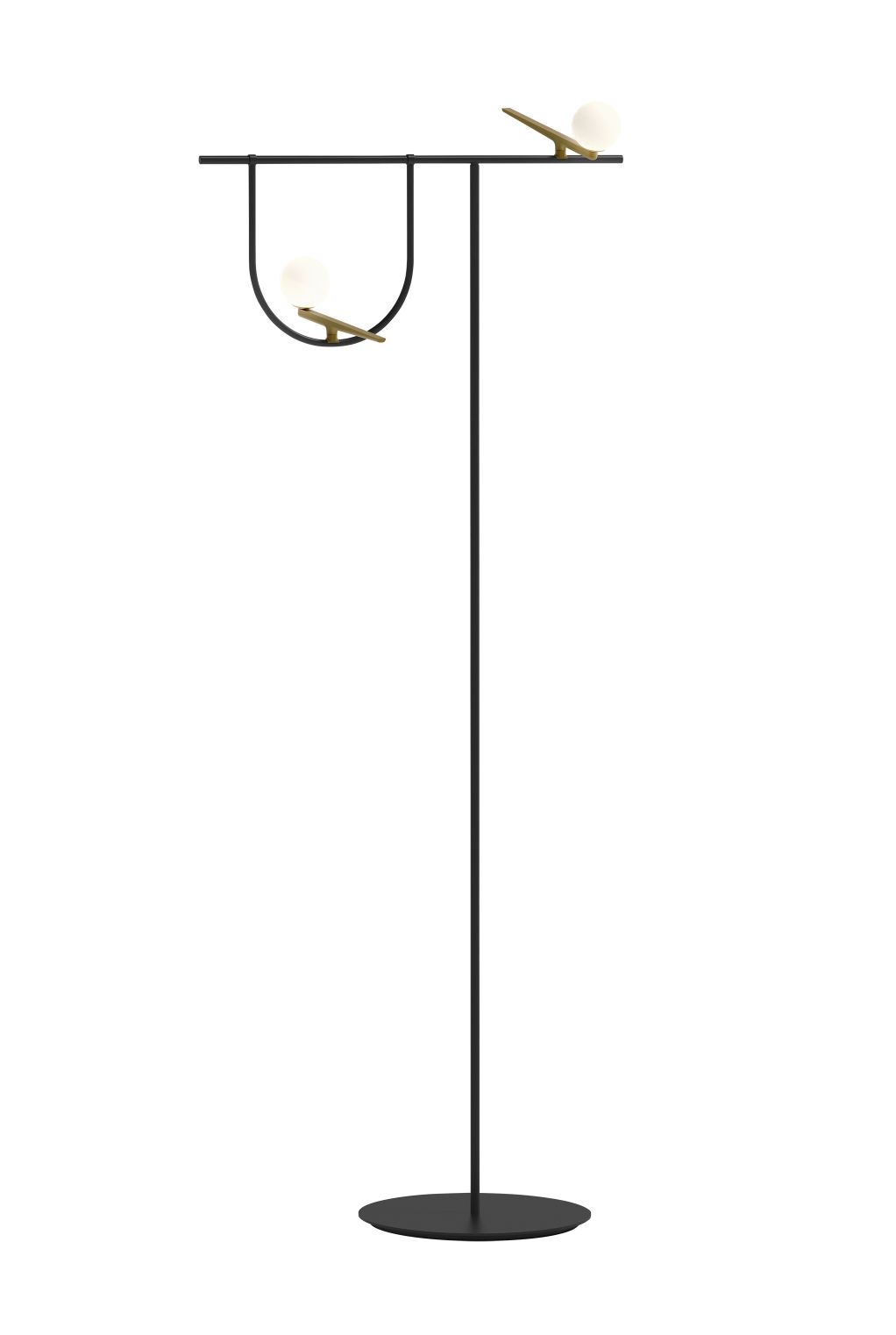 Yanzi Stehleuchte von Artemide: Moderne, schwarze Designerlampe mit zwei leuchtenden Kugeln und Messingakzenten für Wohnzimmer.