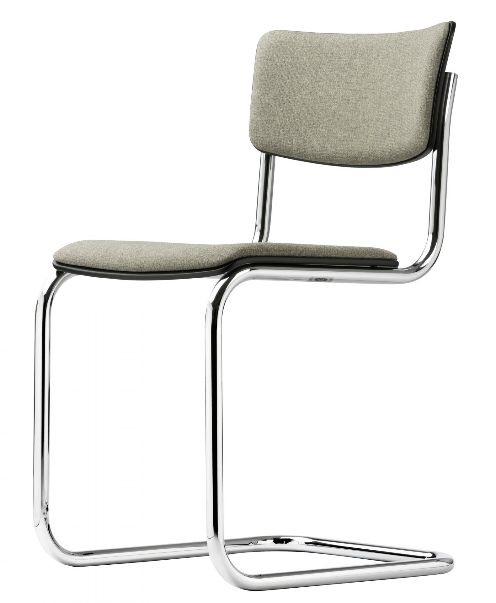 S 43 PVST Thonet Freischwinger Stuhl mit Stahlrohrgestell und grauem Stoffbezug, klassisches Design.