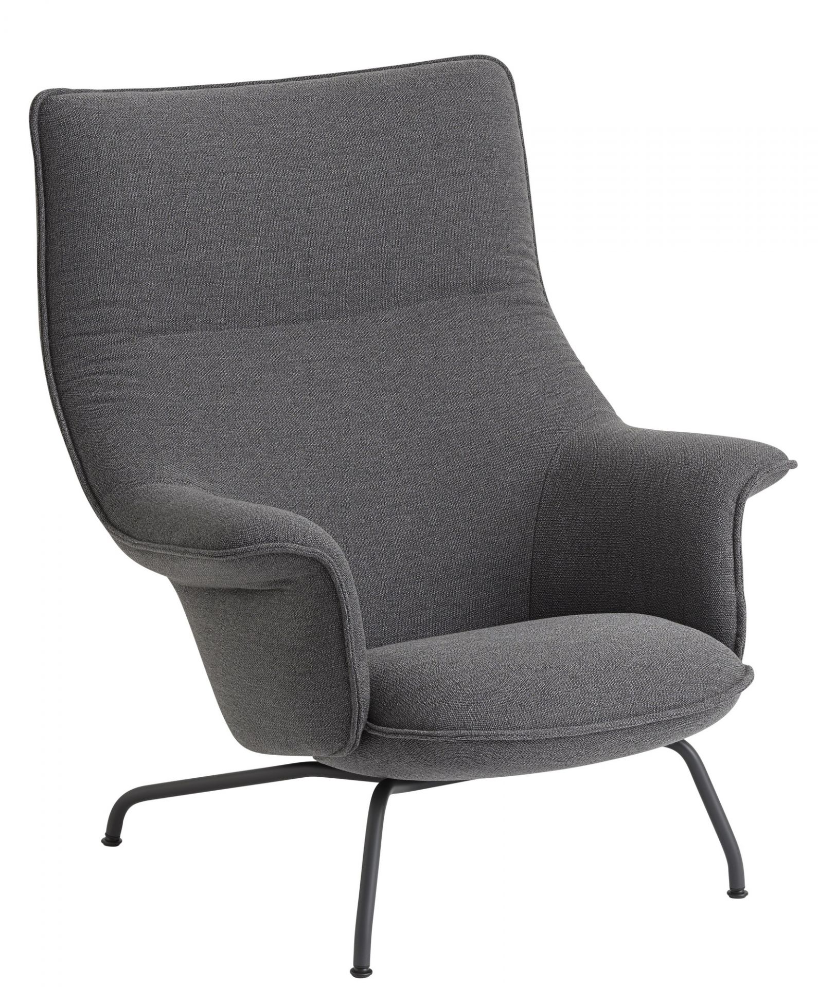 Grauer Muuto Doze Lounge Chair Sessel mit hoher Rückenlehne und schwarzem Metallfuß.