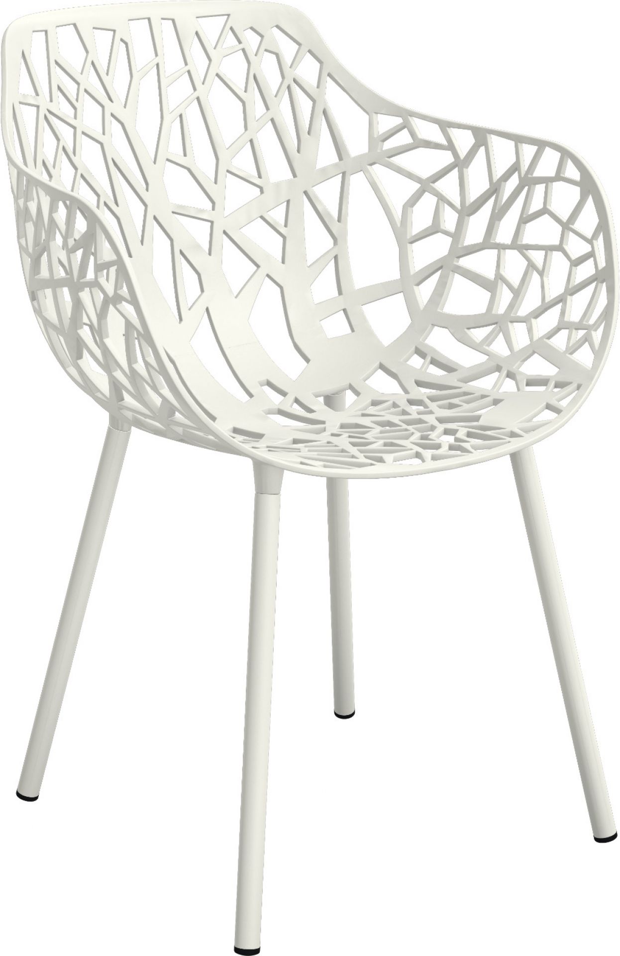 Weißer Forest Outdoor Sessel mit filigranem Design und vier Beinen, ideal für Garten und Terrasse.