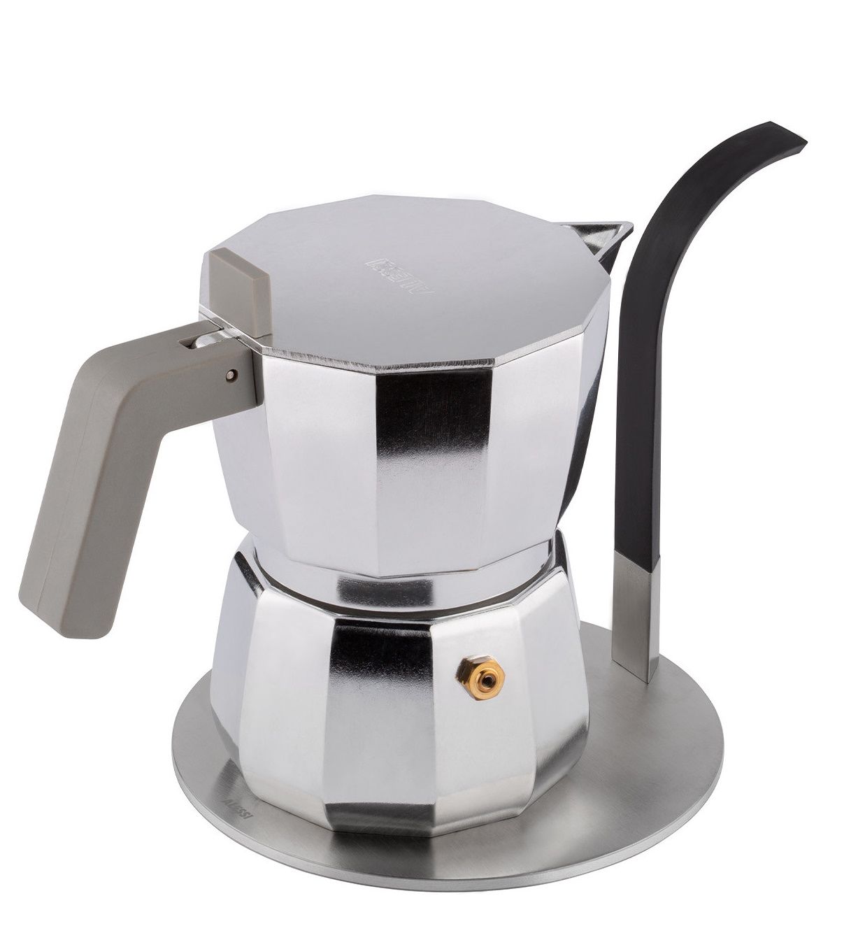 Alessi Espressokocher auf Induktionsadapter Little Helper MA02, silberfarben, für Induktionsherde.
